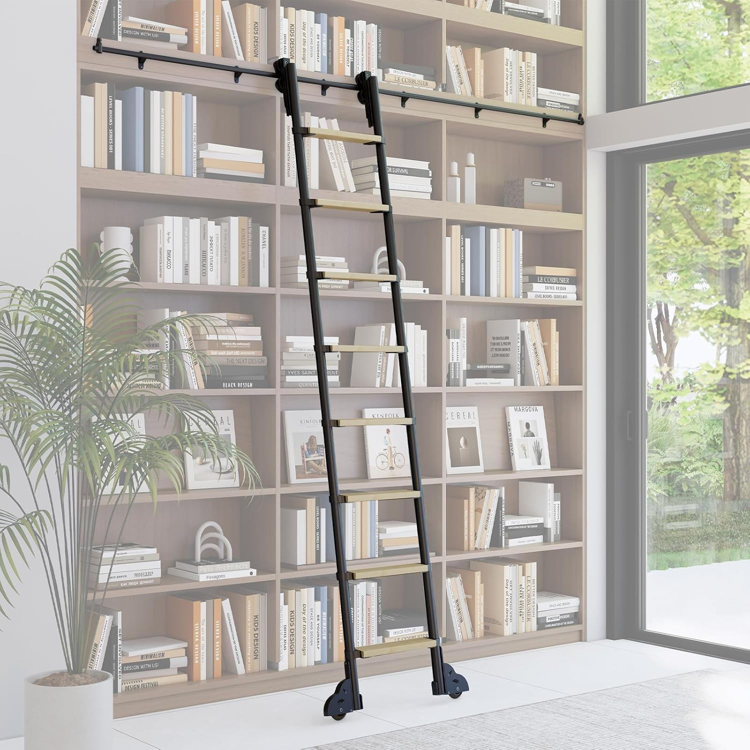 100″ Sliding Library Ladder with 8FT Track – Solid Oak & Aluminum Frame