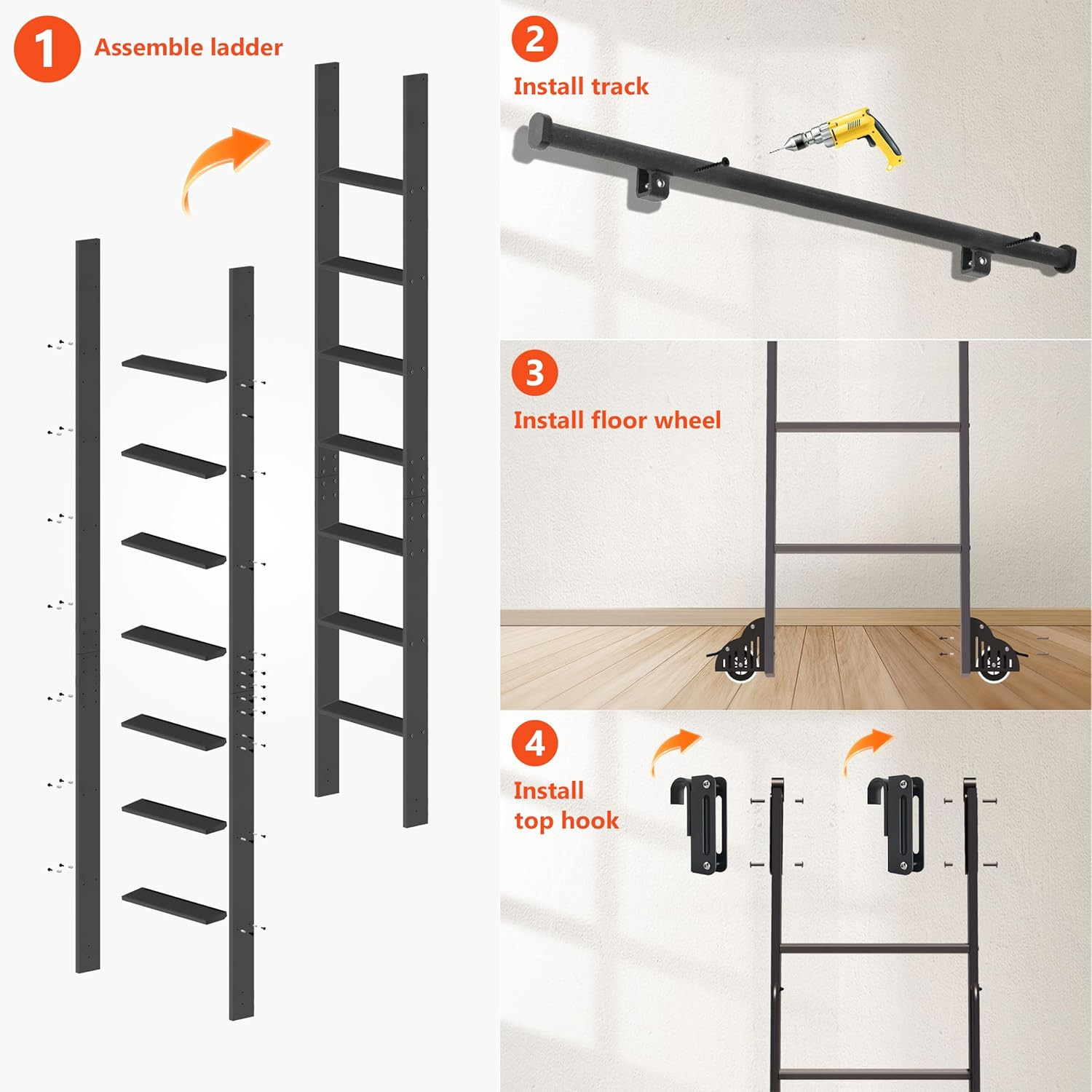 96″ Rolling Library Ladder with 4FT Rail, 300 Lbs Capacity, Space-Saving Design