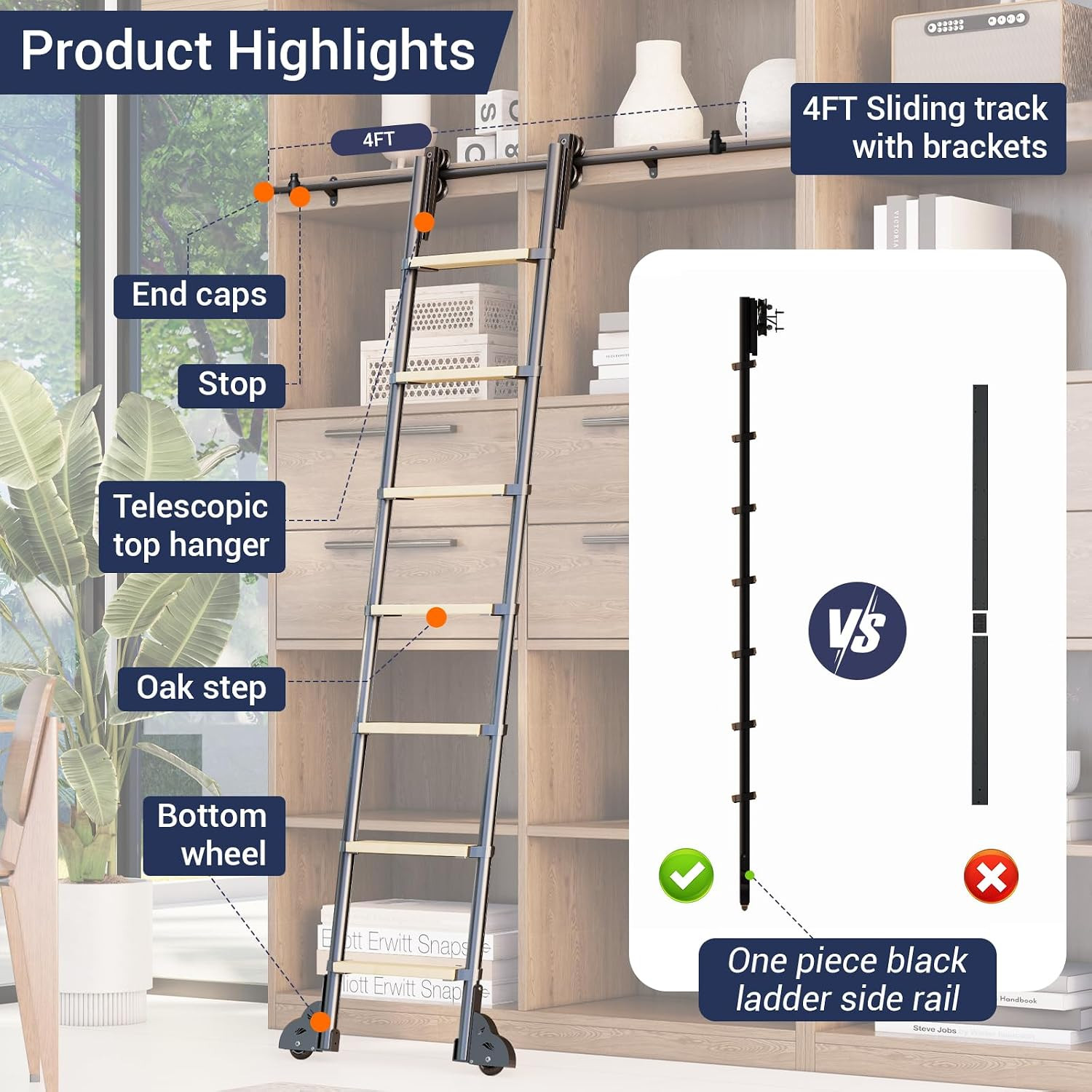 Solid Oak 88″ Sliding Library Ladder with 8FT Roller Track Kit