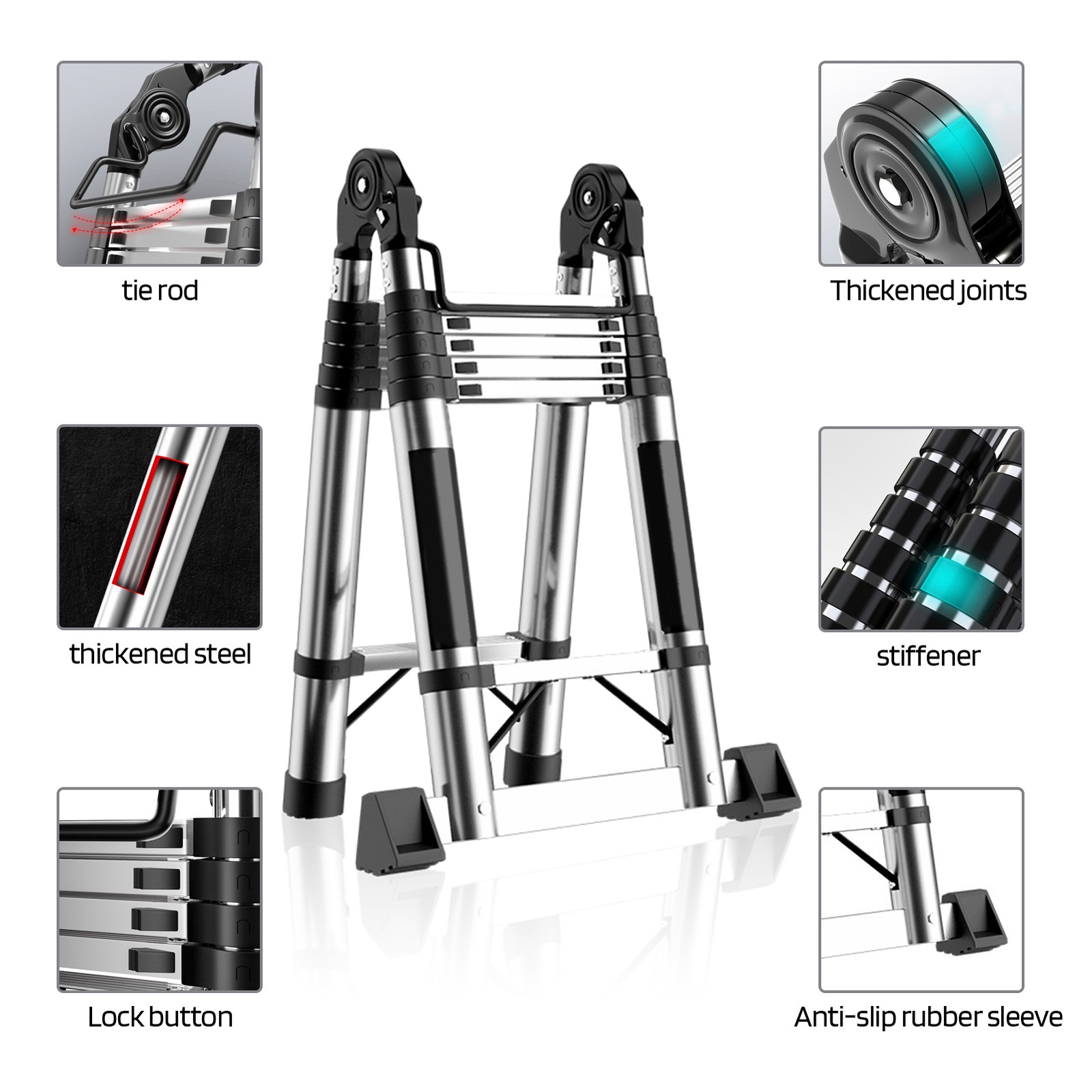Telescoping Ladder, Stainless Steel Folding Telescopic Ladder Heavy Duty 330 lbs