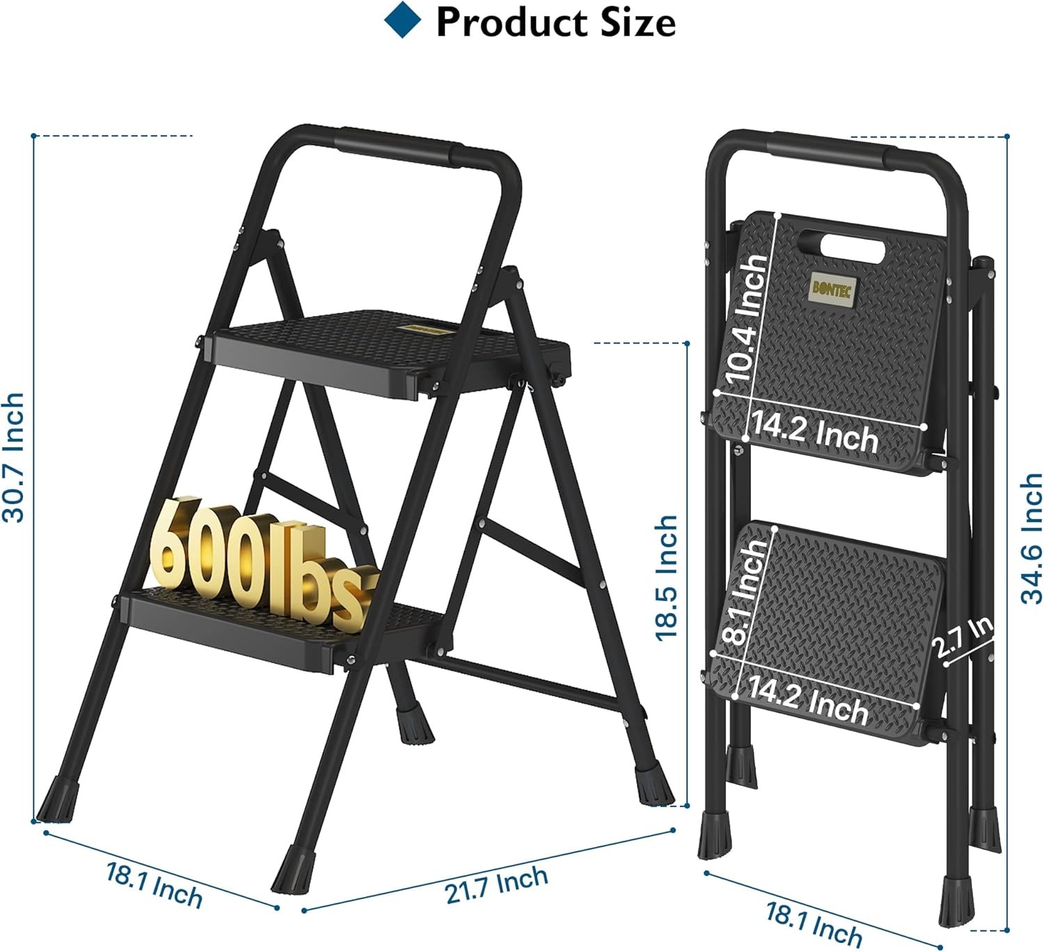 2-Step Ladder, Folding Step Stool, 600lbs Max Load Capacity, Sturdy Steel