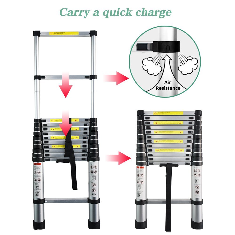 10.5-14.5ft Telescopic Extension Ladder Aluminum Folding Step Multi-Use 330 Lbs