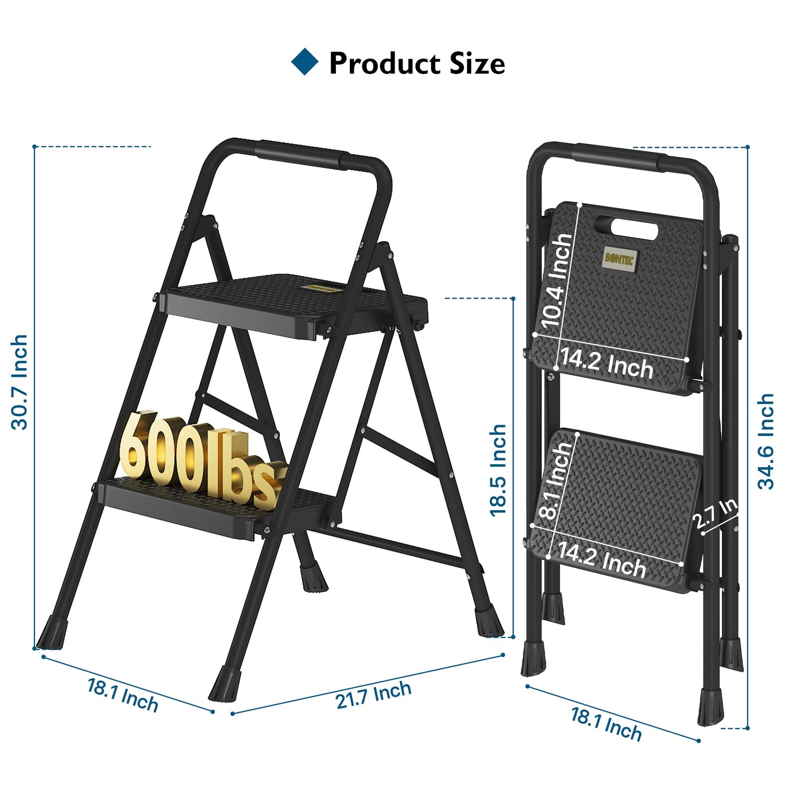 BONTEC 2-Step Ladder, Folding Step Stool, 2-Step, 600lbs Max Load, Black