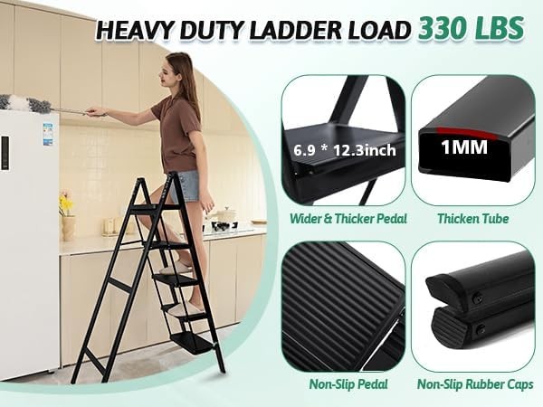 5 Step Folding Heavy Duty Ladder, 330 Lbs Load, 5 Black