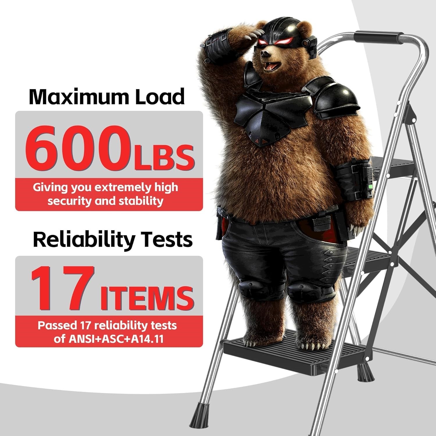 Heavy Duty Steel Folding 3 Step Ladder w/600LB Capacity