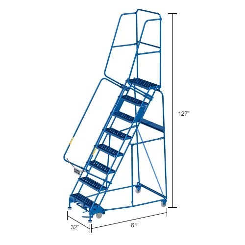 NEW 8 Step Steel Rolling Ladder, 24″W Perforated Step, Cal/OSHA Handrail!!
