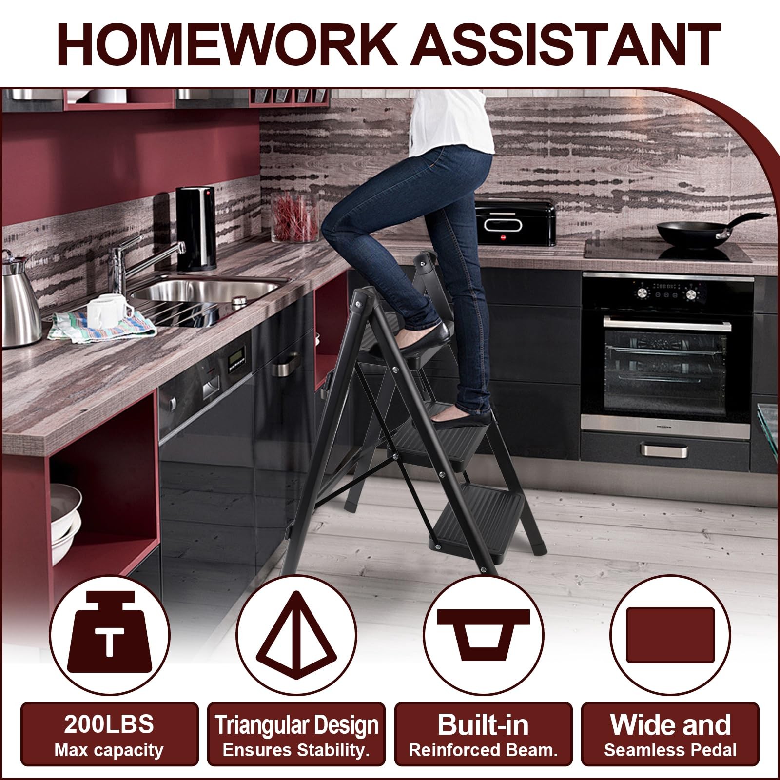 Uoisihur 3 Step Ladder, Portable Folding Stool for Home 3-Step, Black