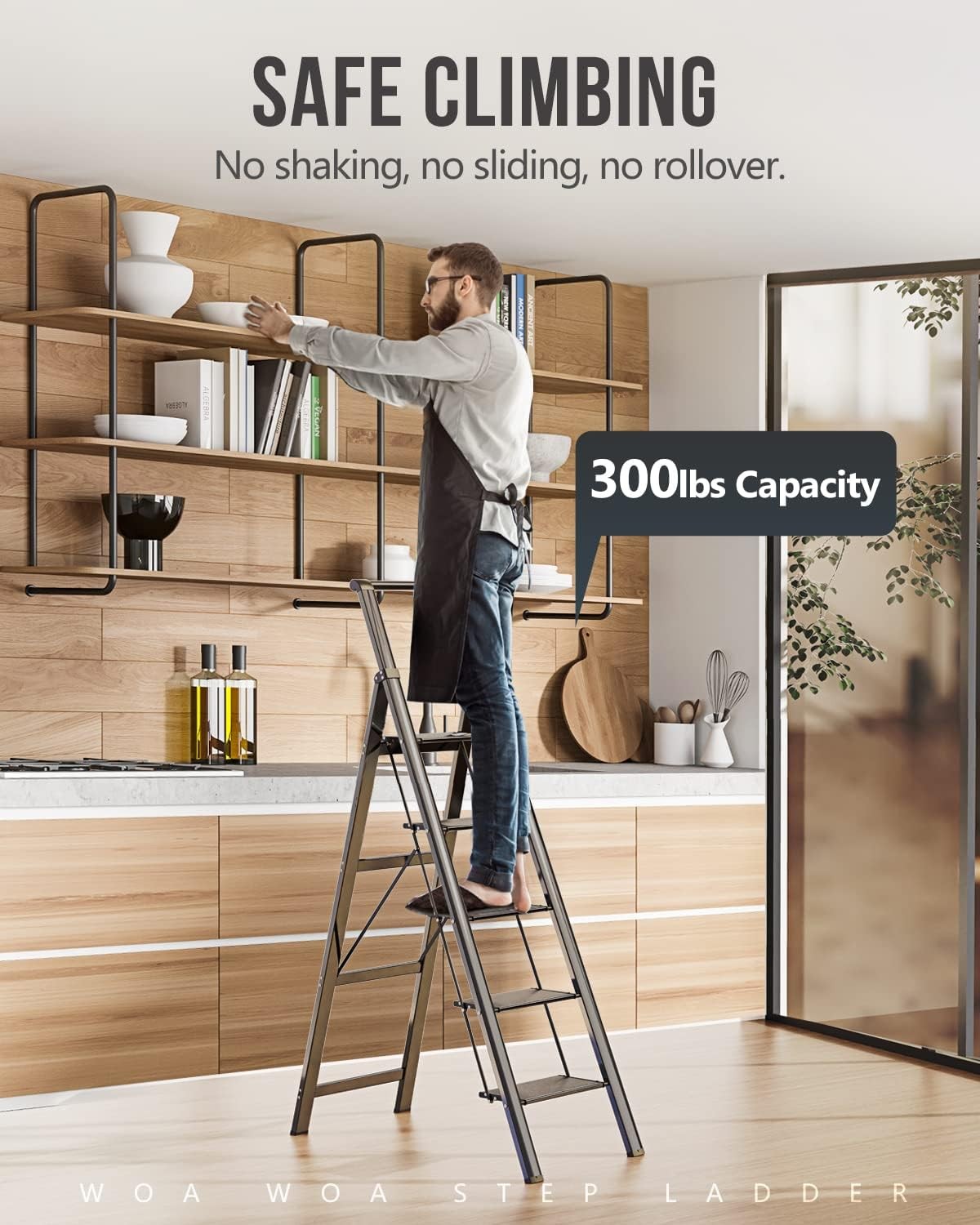 WOA 5 Step Ladder, Ladders for Home, Anti-Slip Pedals, 5 Step, Black