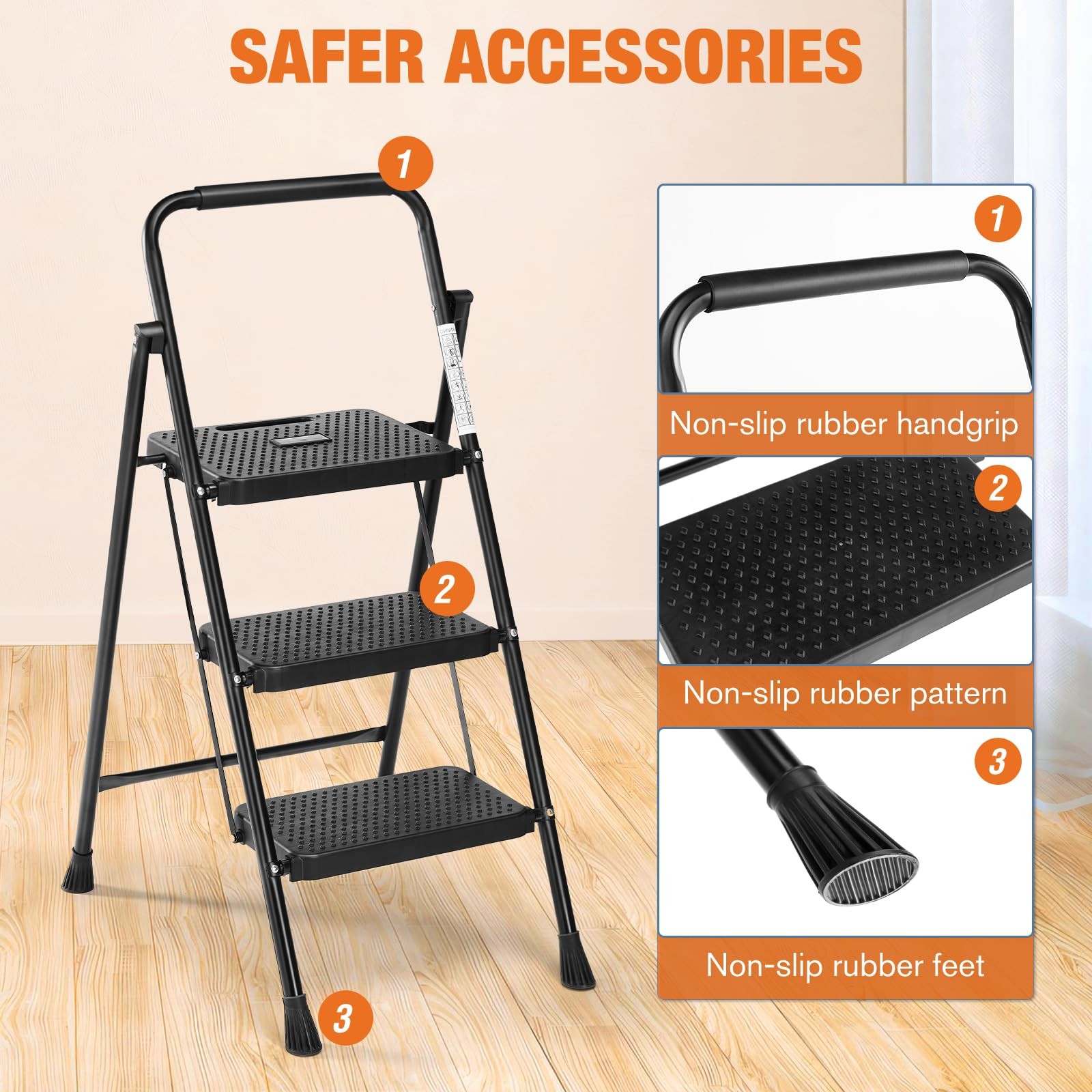 Sweetcrispy Folding 3 Step Ladder Stool – ‎3 800 Max Load, Black