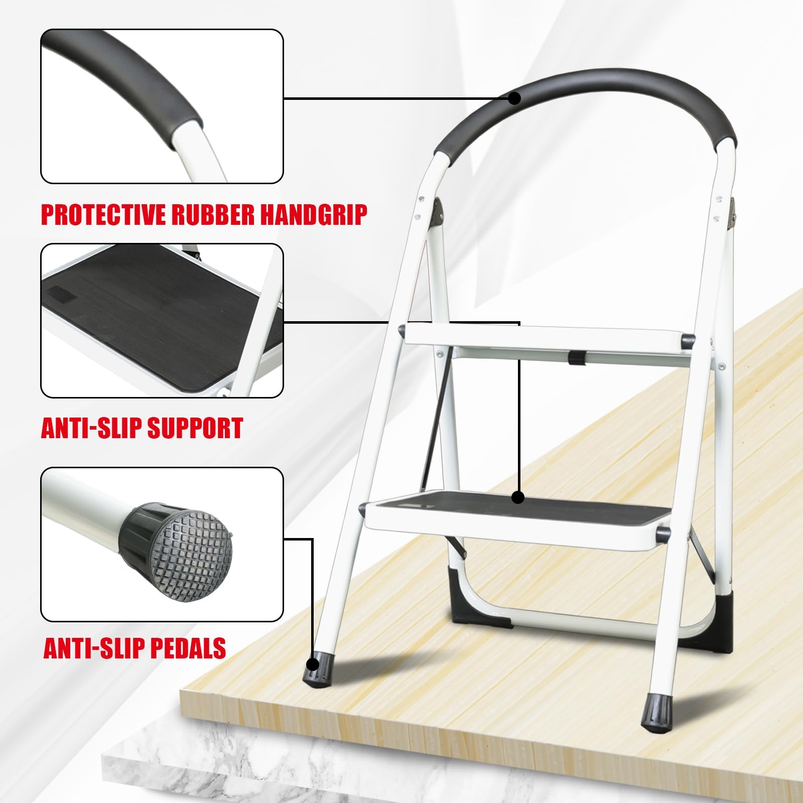 Big RED 2 Step Ladder: Ergonomic Folding Stool with 2 Step, White/Black