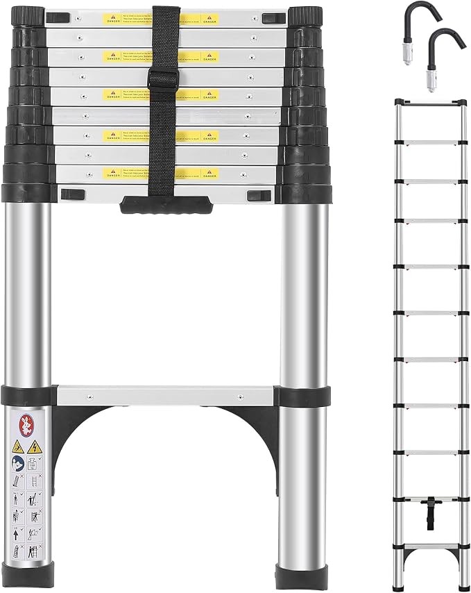 Aluminum 10.5 FT Telescoping Ladder One-Button Retraction with Hooks