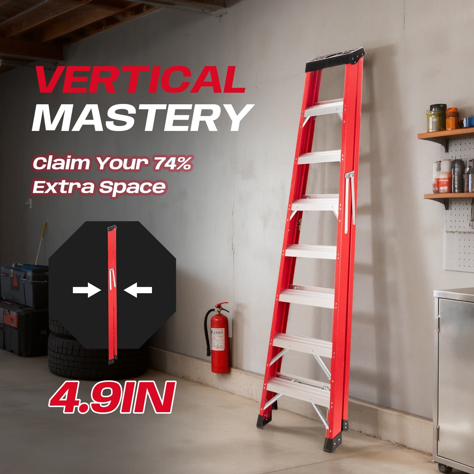 Red 7 Steps Fiberglass Ladder 330LBS Load Tool Tray for Home & Job