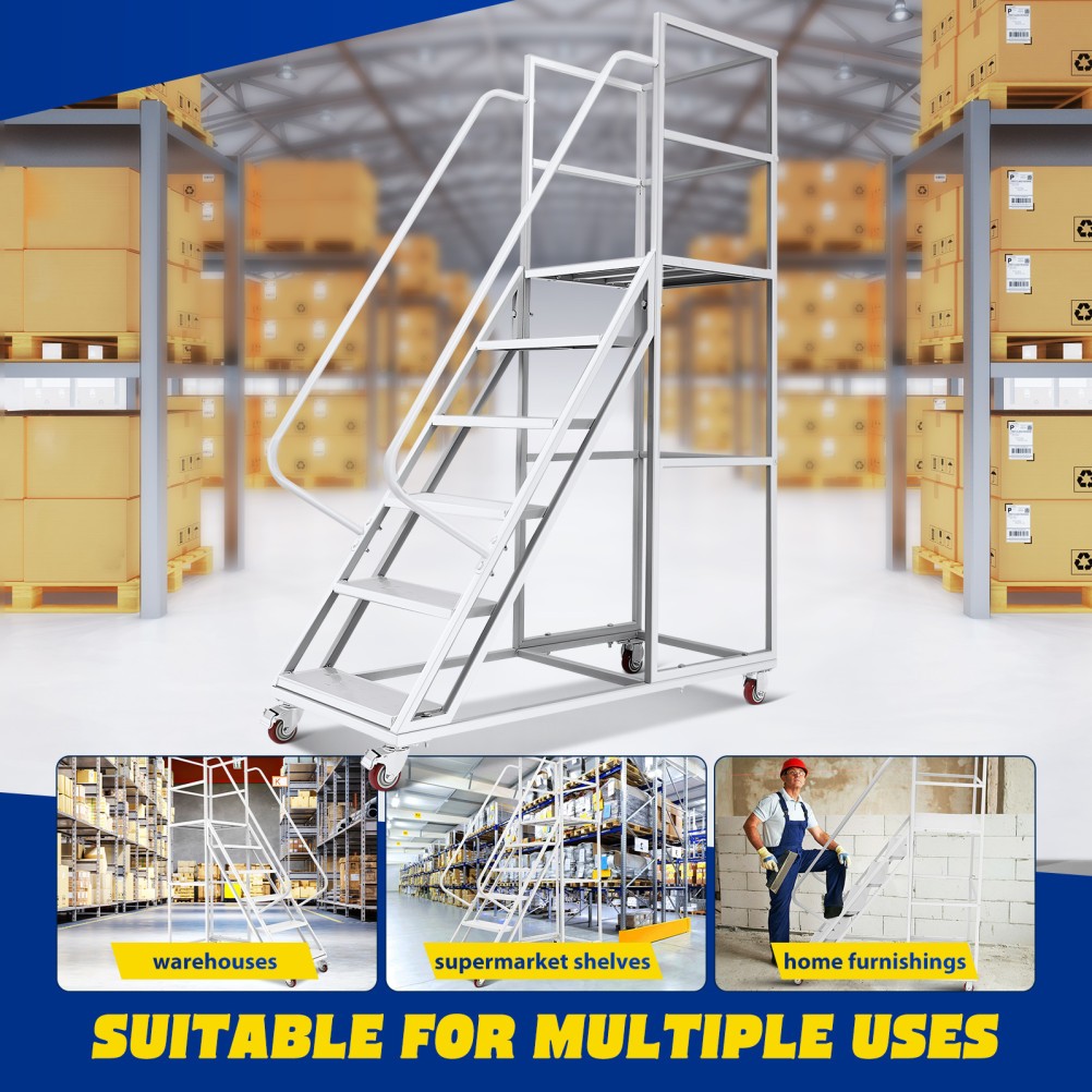 6-Step Rolling Platform Step Ladder Safety Non-Slip Stairs with Brakeable Wheels