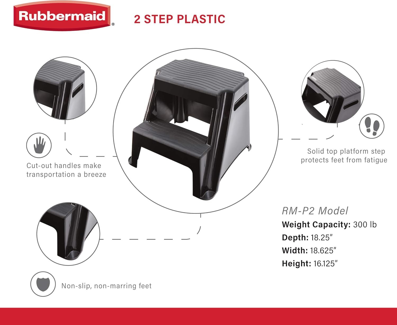 2-Step Molded Plastic Step Stool, Lightweight with Slip Resistant Treads