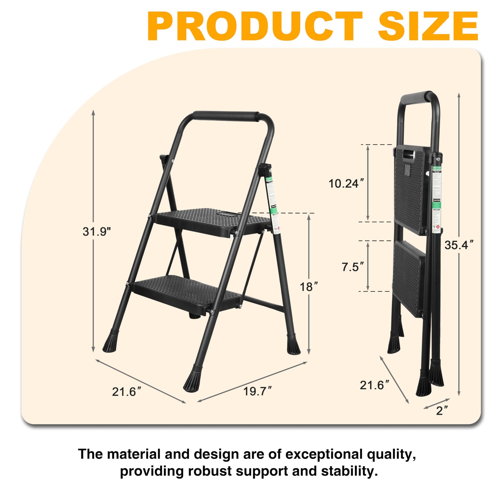 Step Ladder, Portable Steel Folding Stool with Wide 2-Step, Black