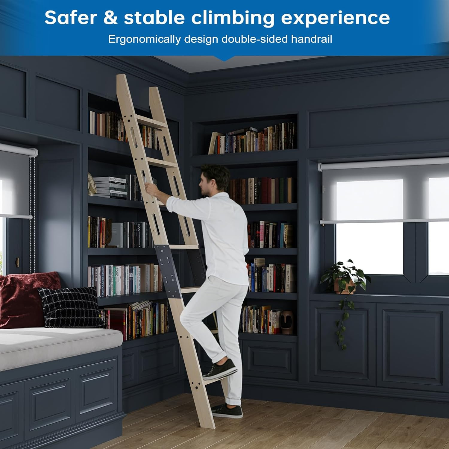 8FT Rolling Library Ladder 7 Step Solid Wood 450lbs Handrail No Sliding Rail