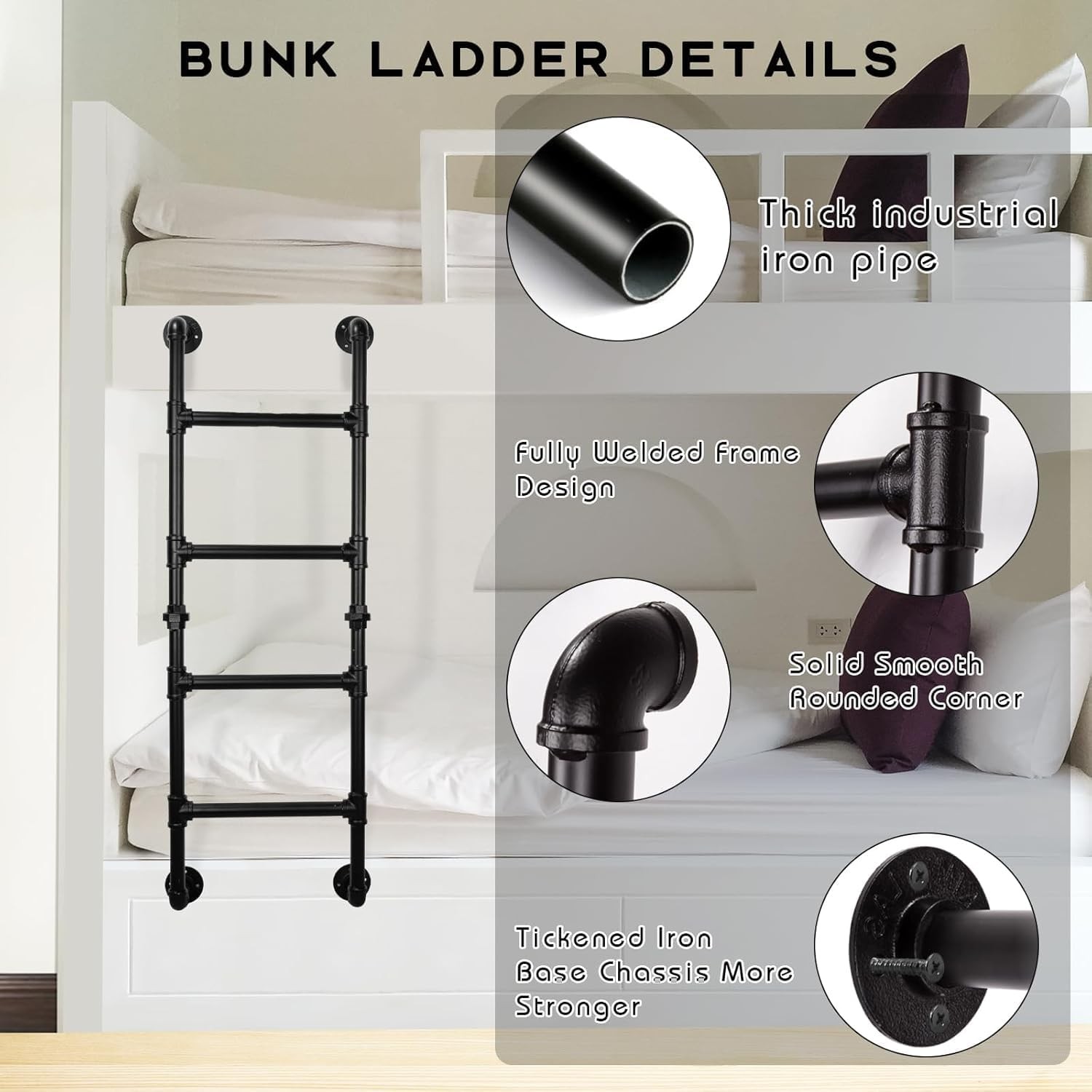 3-Rung Bunk Bed Ladder, 3.3×1.5FT Wall Mount Basement 3.3FT/100cm, Black