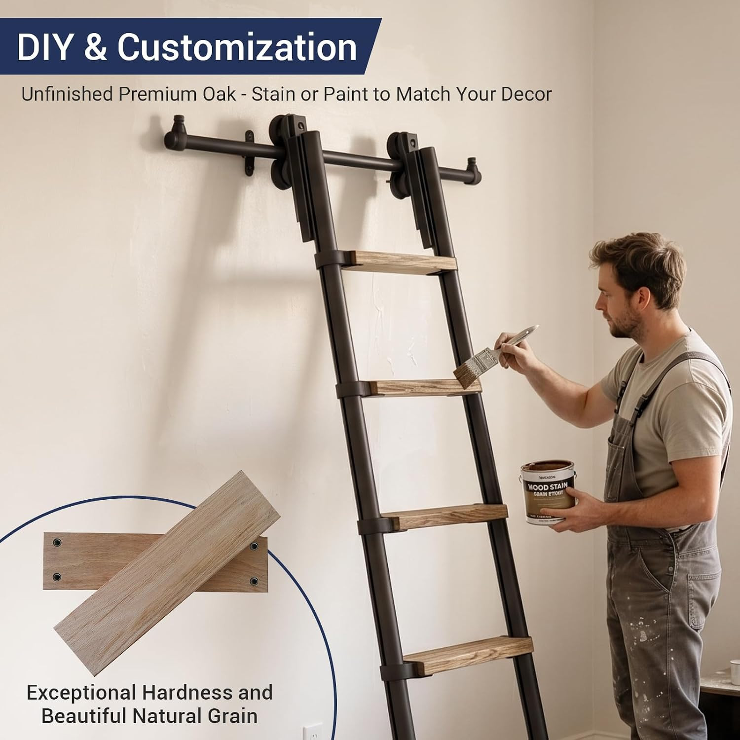 Solid Oak 88″ Sliding Library Ladder with 8FT Roller Track Kit