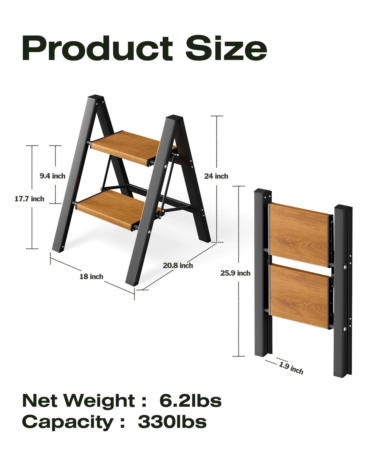 Taranta 2-Step Aluminum Ladder,Lightweight Folding 2 Step, Black&woodgrain