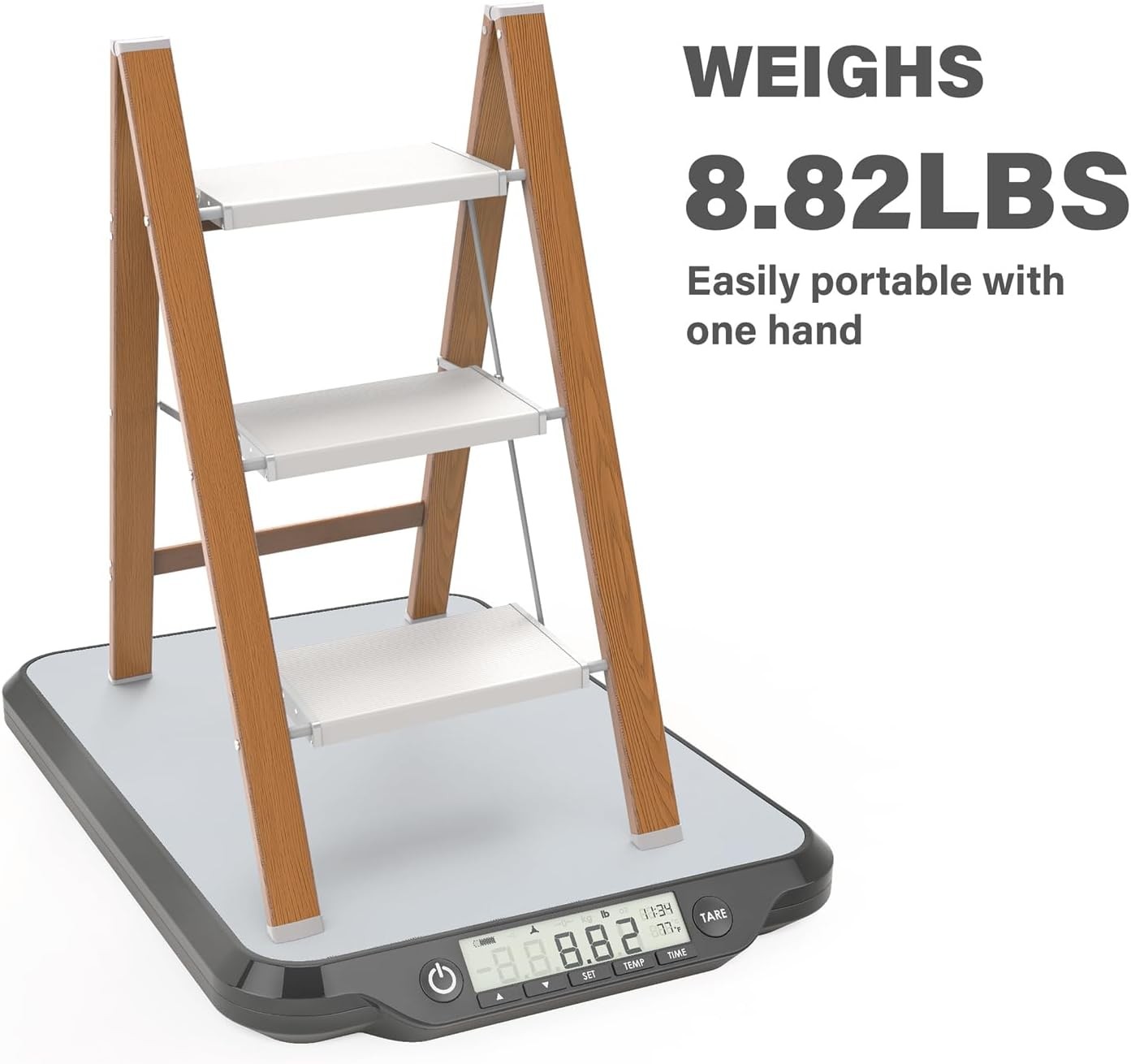 3 Step Ladder, Folding Aluminum Stool with Anti-Slip Woodgrain, White