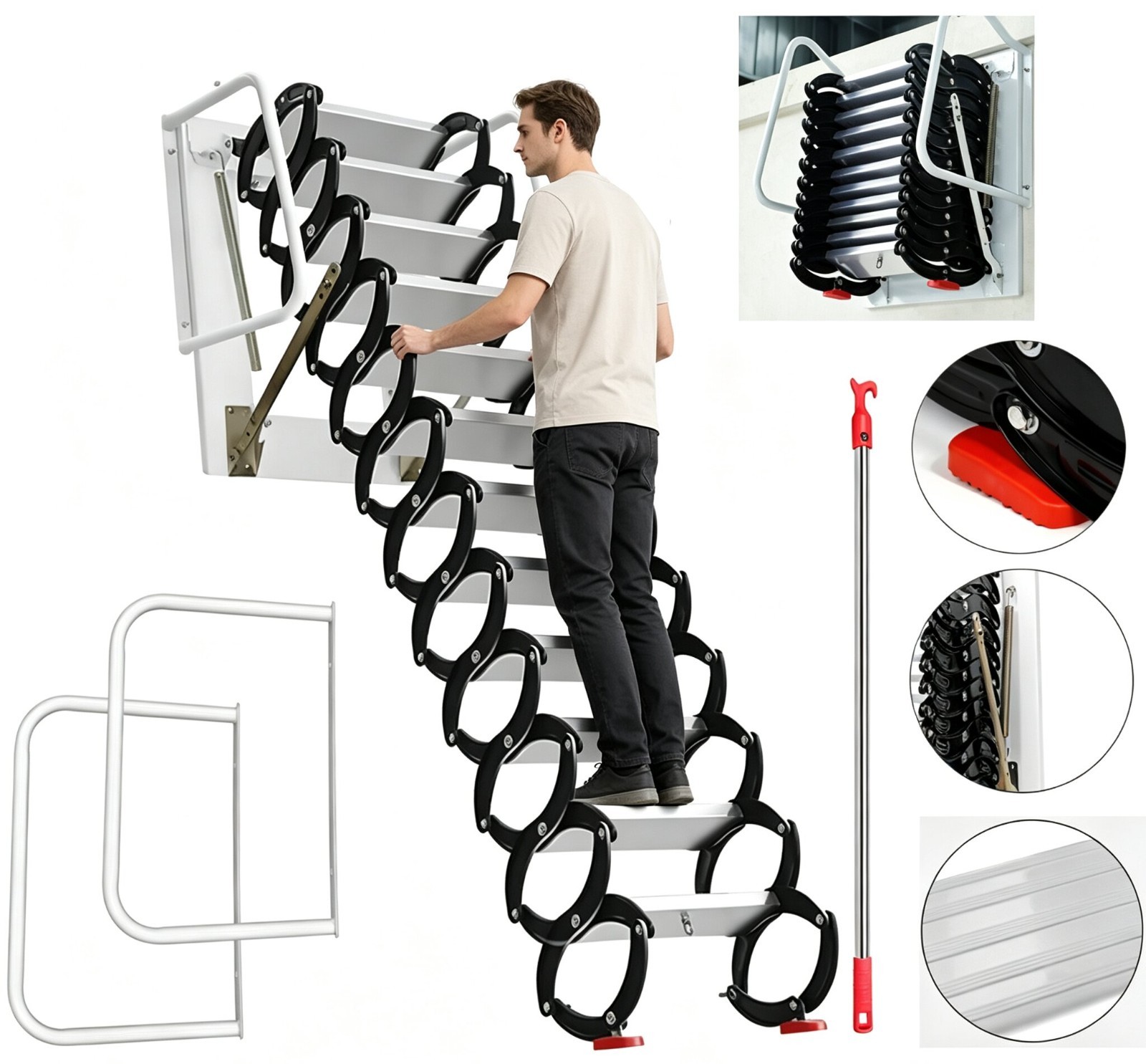 Loft Ladder 10FT 12 Steps Wall Mounted Folding Ladder Scissor Structure Stairs