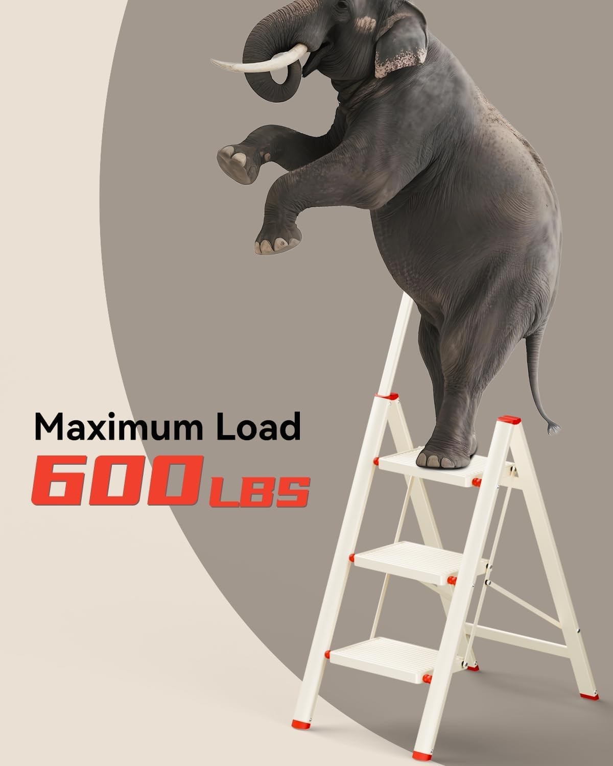 Beige 3 Step Ladder with Handrail Foldable Step Stool Anti-Slip
