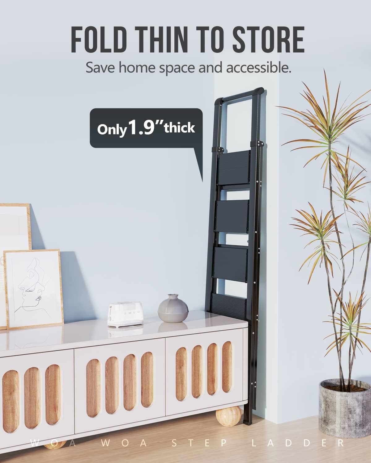 WOA 5 Step Ladder, Ladders for Home, Anti-Slip Pedals, 5 Step, Black