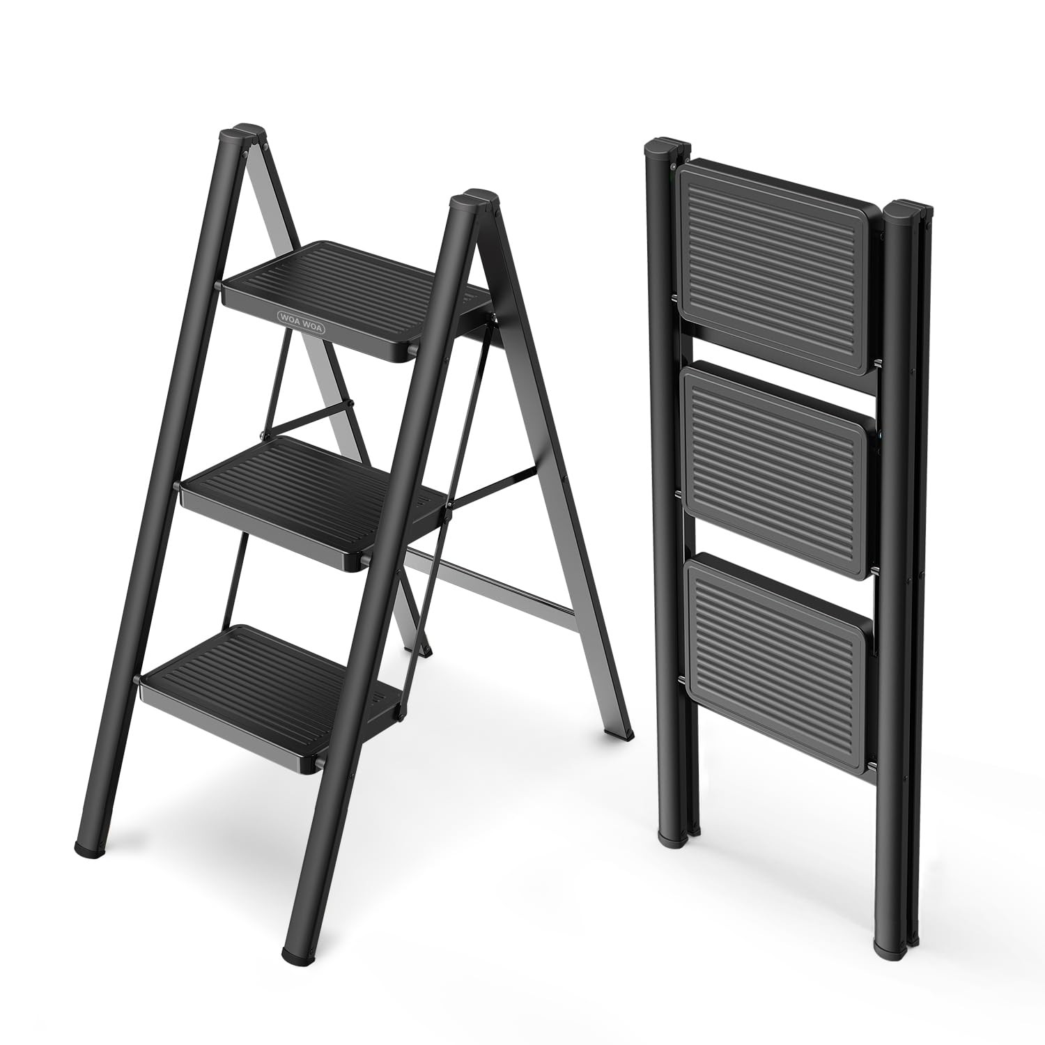 WOA Step Ladder for Home, Foldable Stool Kitchen 3 Step, Black
