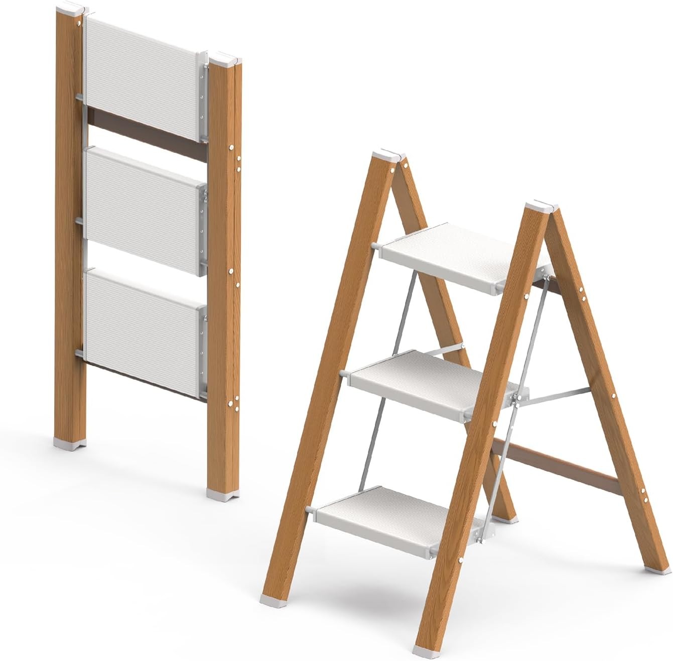 3 Step Ladder, Folding Aluminum Stool with Anti-Slip Woodgrain, White