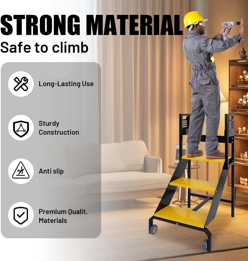 3 Step Industrial Ladder with Handrails, Warehouse Floor Standing Rolling Stairs