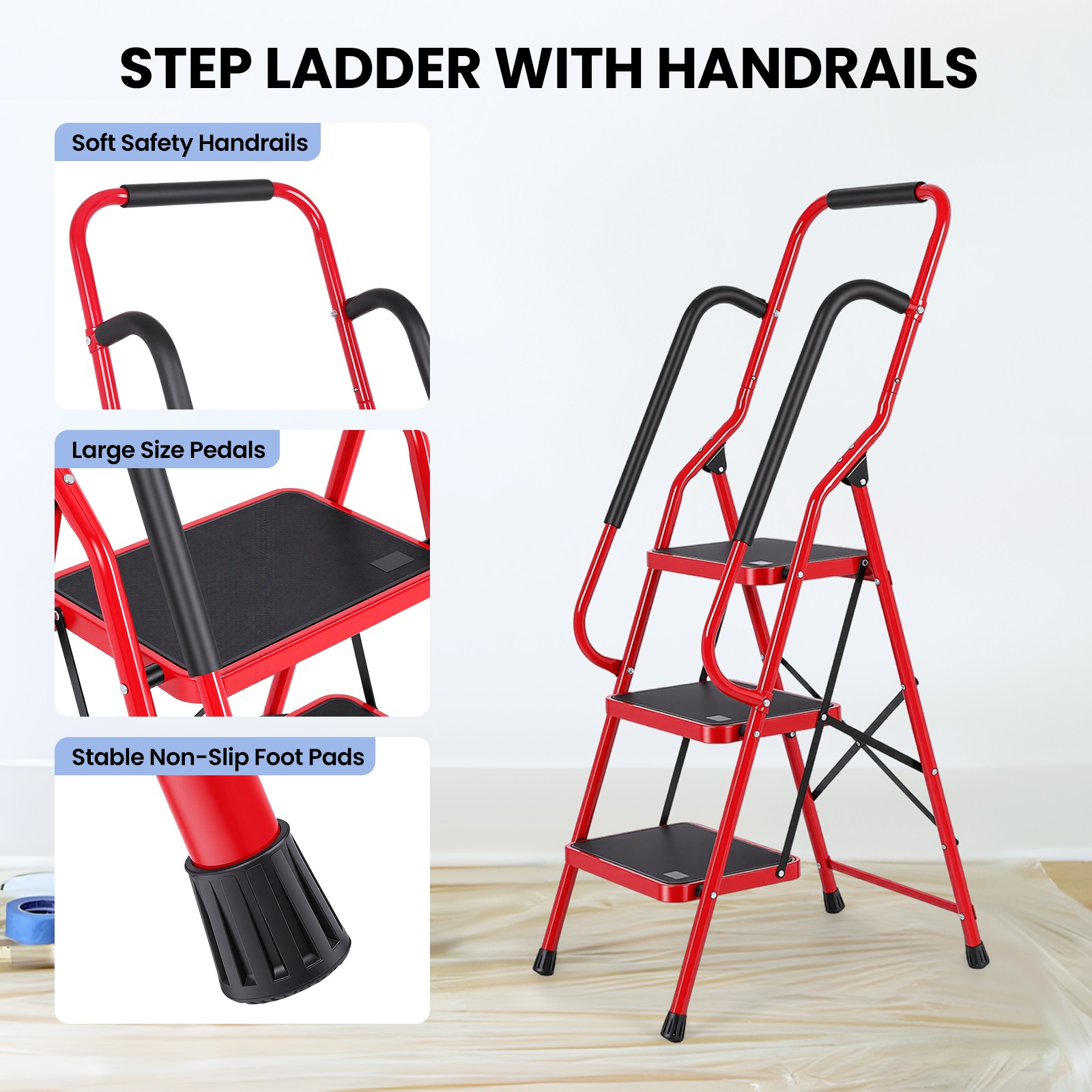 3 Step Ladder with Handrails, Portable Folding Step Stool with Safety Lock，Red