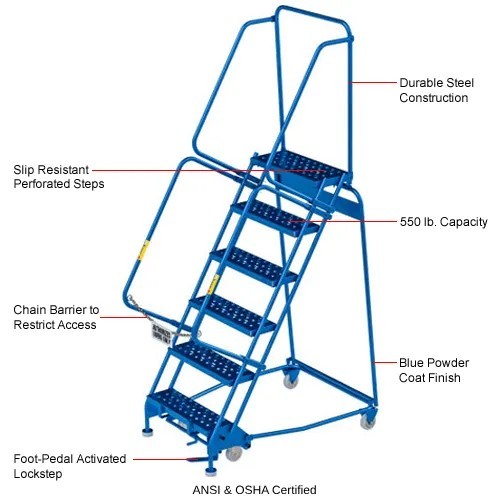 NEW 6 Step Steel Rolling Ladder, 24″W Perforated Step!!