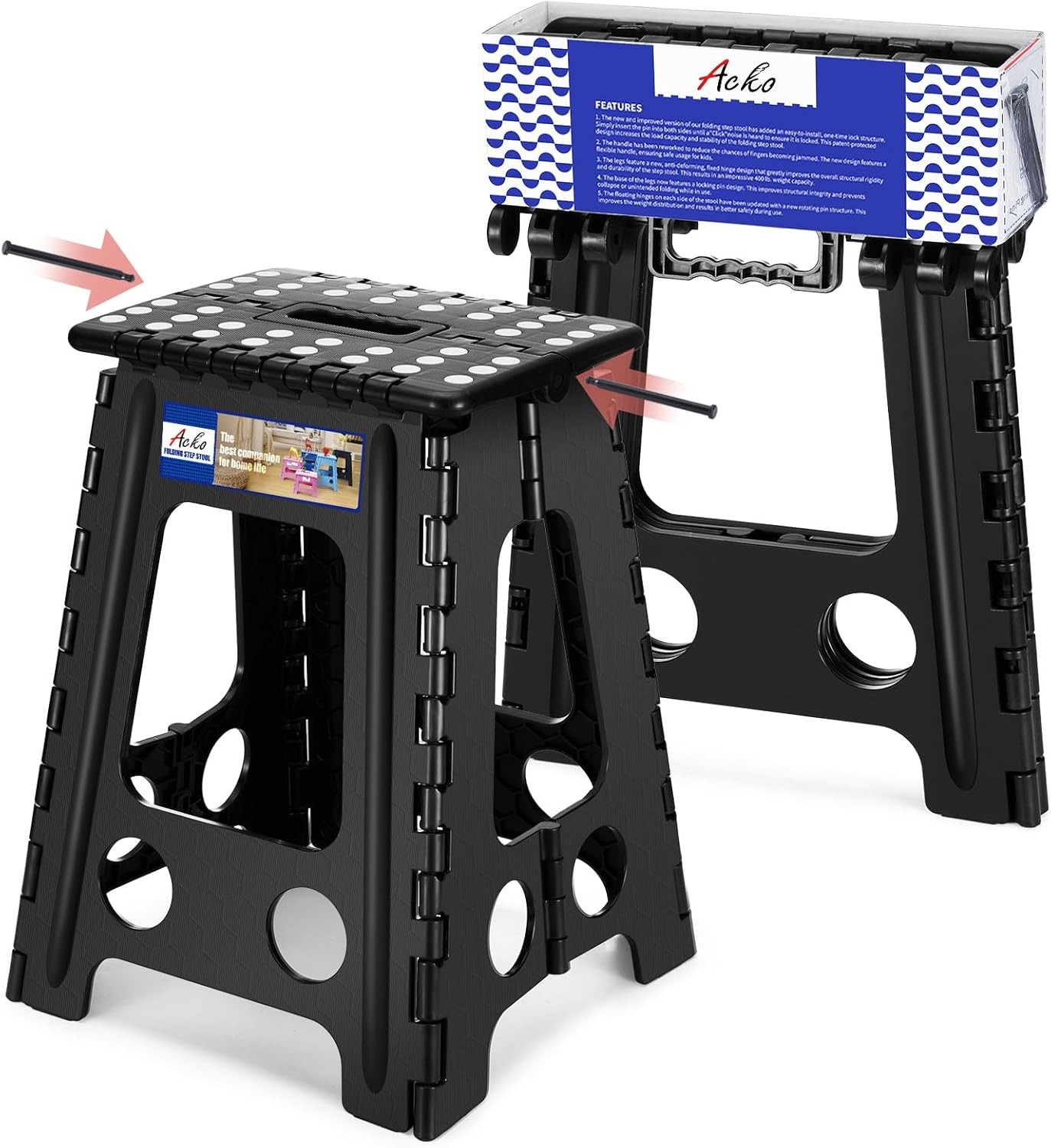 ACKO 17.5 Inch Folding Step Stool, 400 lbs Load Capacity, Black