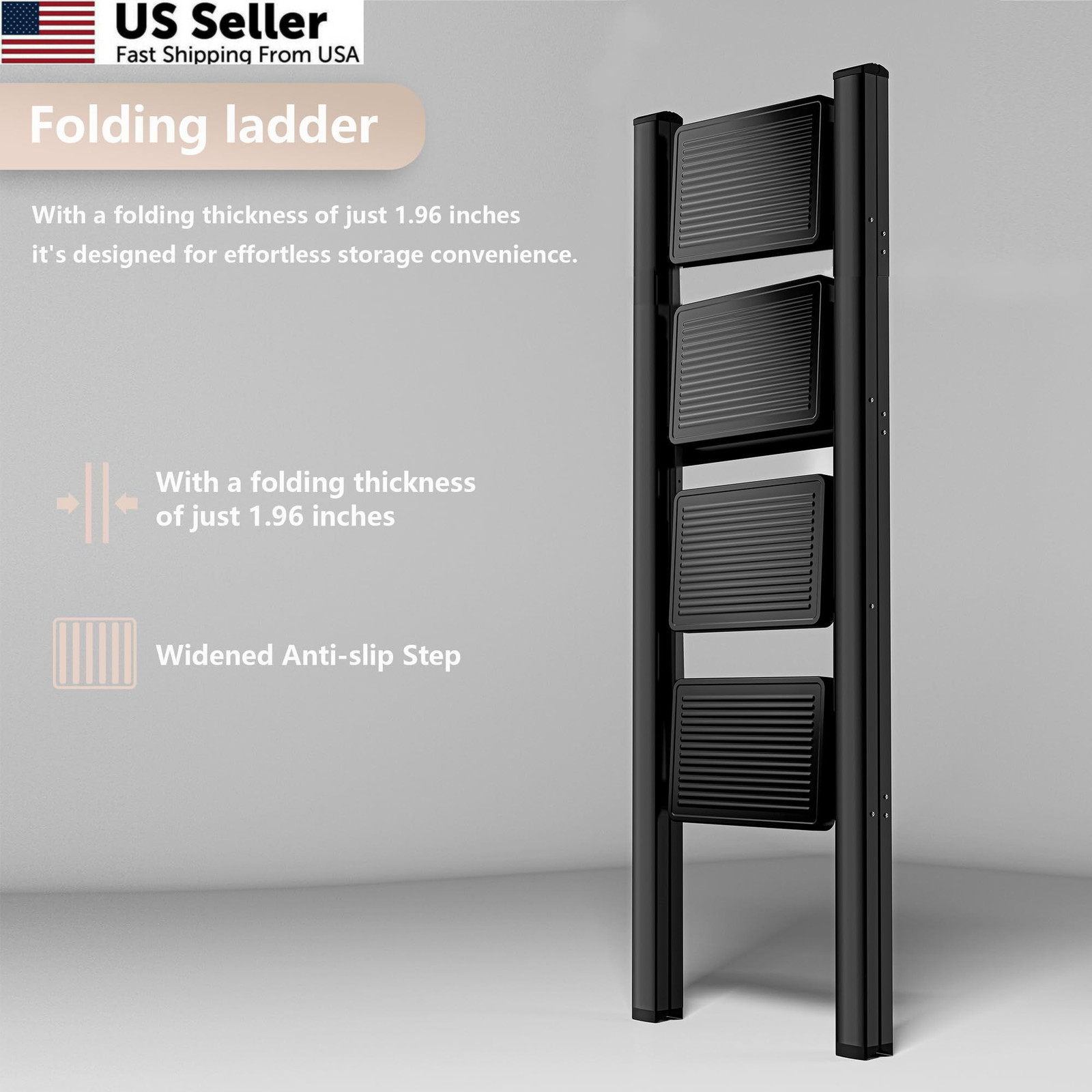 KOLL LINK Step Ladder 4 Folding, Sturdy 330 Lbs 4 step ladder, Black