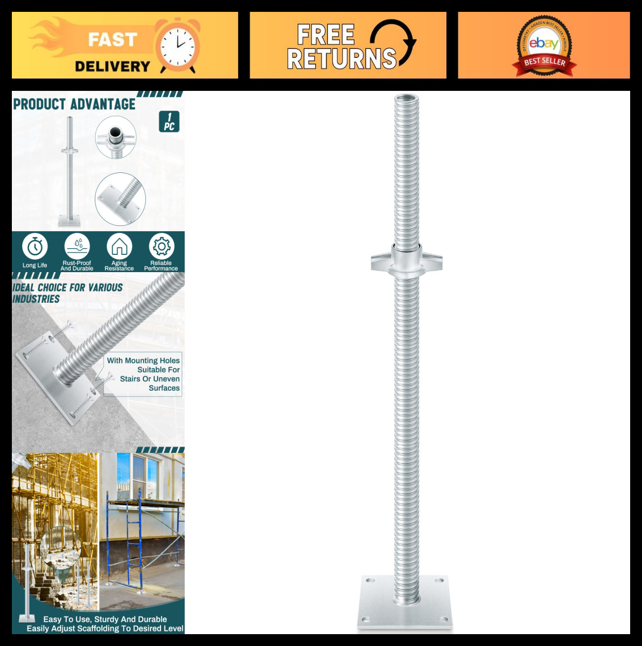 24″ Adjustable Leveling Jacks for Scaffolding – Hollow Screw Jacks with Base Pla