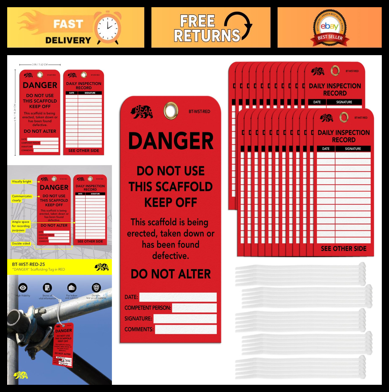 Safety Inspection Scaffold Tags Kit – Danger Status Warning Signs, 3×6 in, 25 Pa