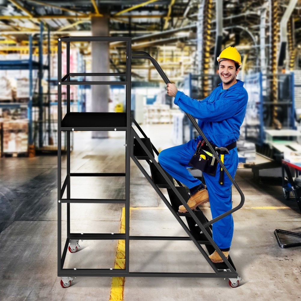 6 Step Rolling Ladder with Wheels 1200LBS Industrial & Warehouse Rolling Stairs