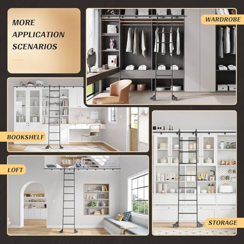 Aluminium Rolling Library Step Ladder with 8FT Sliding Track Kit – Metal Black