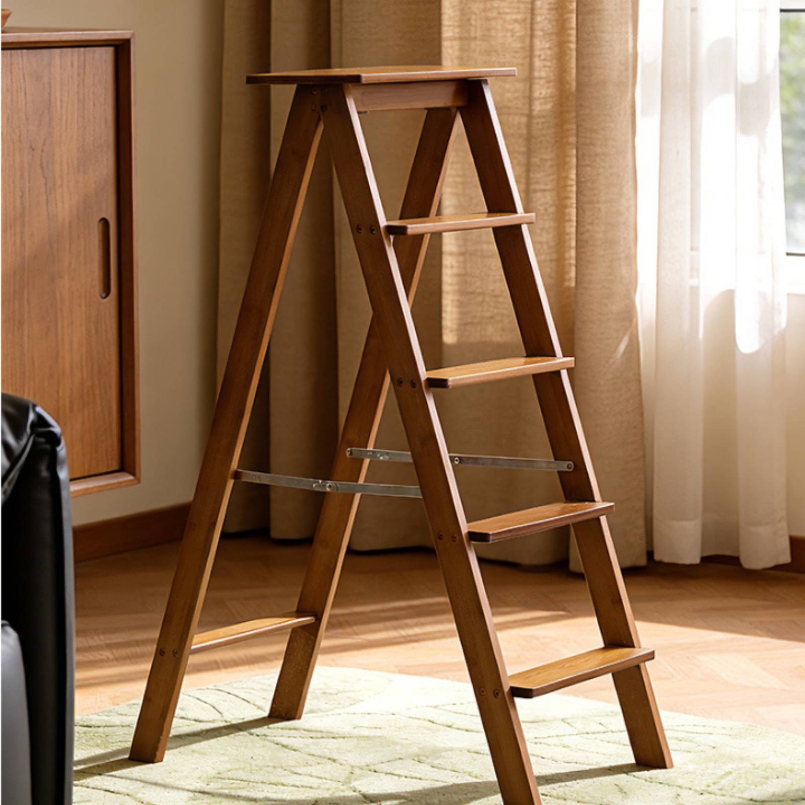 Five-Step Ladder Stable Folding Step Stool Compact for Library, Closet