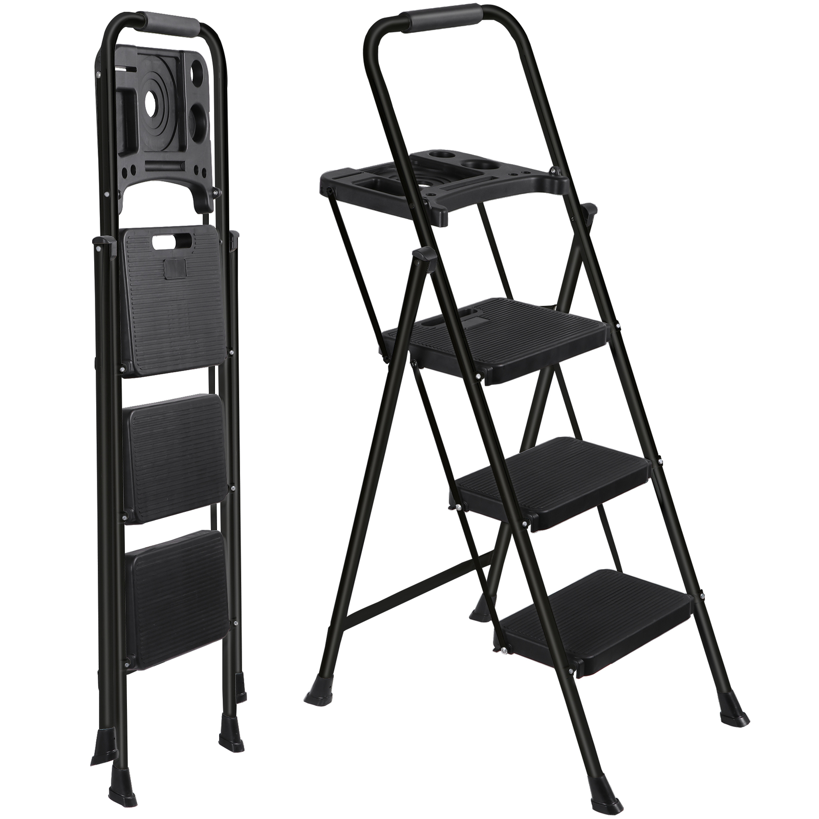 3-Step Ladder Folding Step Stool 330lbs Max Load Capacity Steel Non-Slip Black