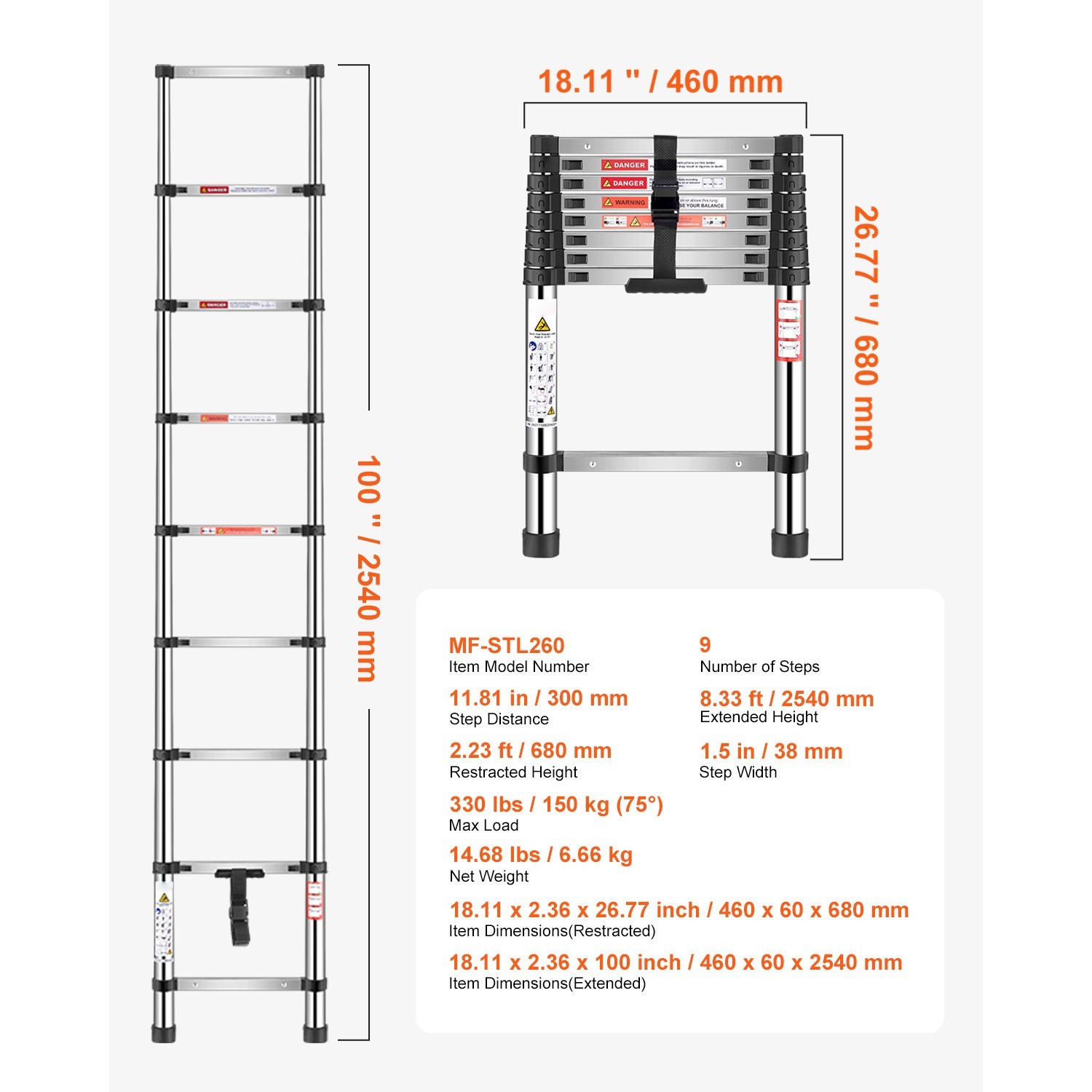 KFFKFF 8.5ft Telescoping Ladder Stainless Steel 330LBS 9-Step Portable Home RV