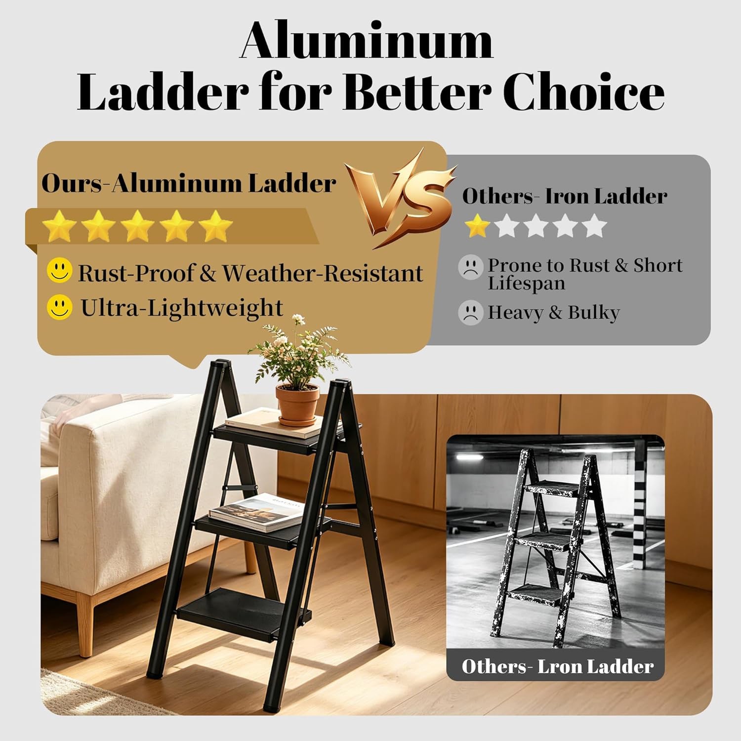 3 Step Aluminum Folding Ladder Step Stool Black 330 lb Anti-Slip Pedal
