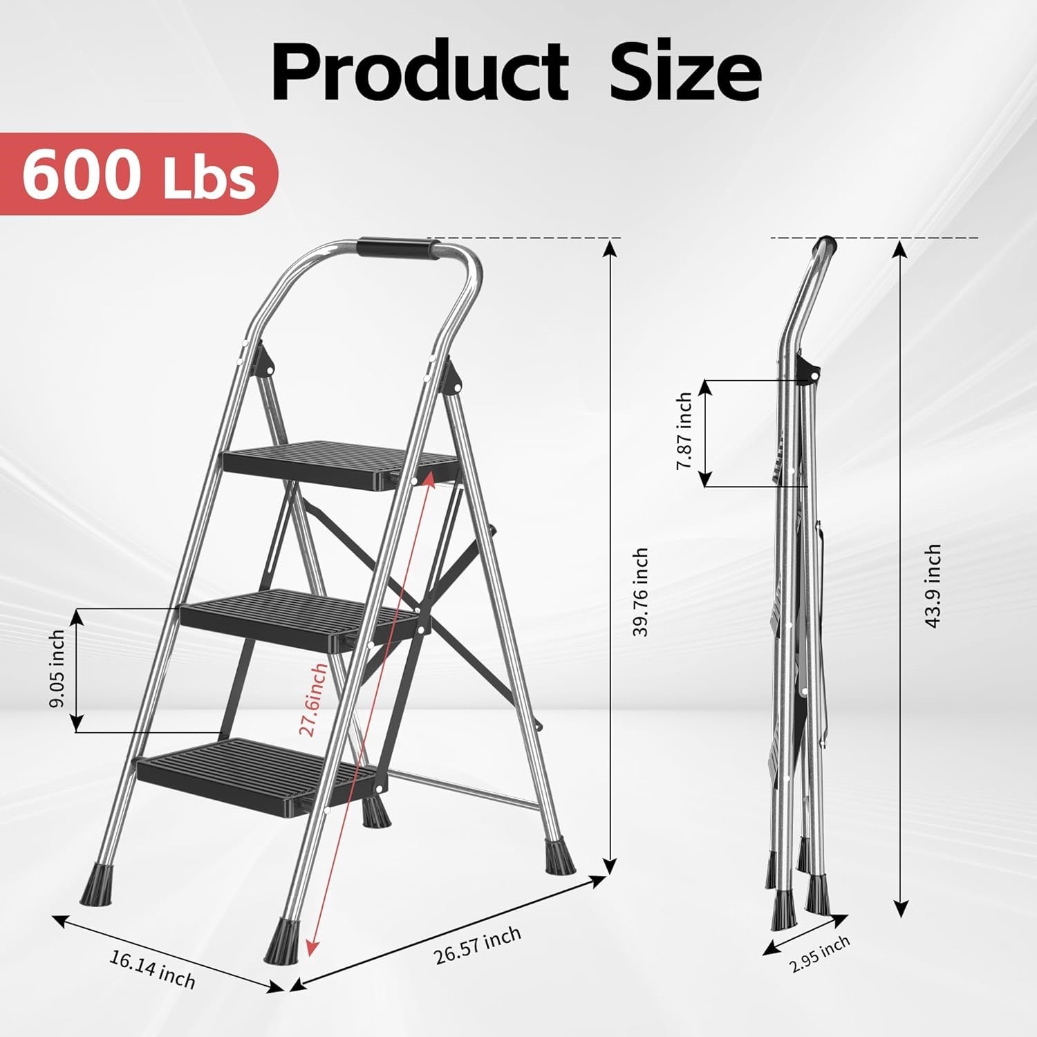 Heavy Duty Steel Folding 3 Step Ladder w/600LB Capacity