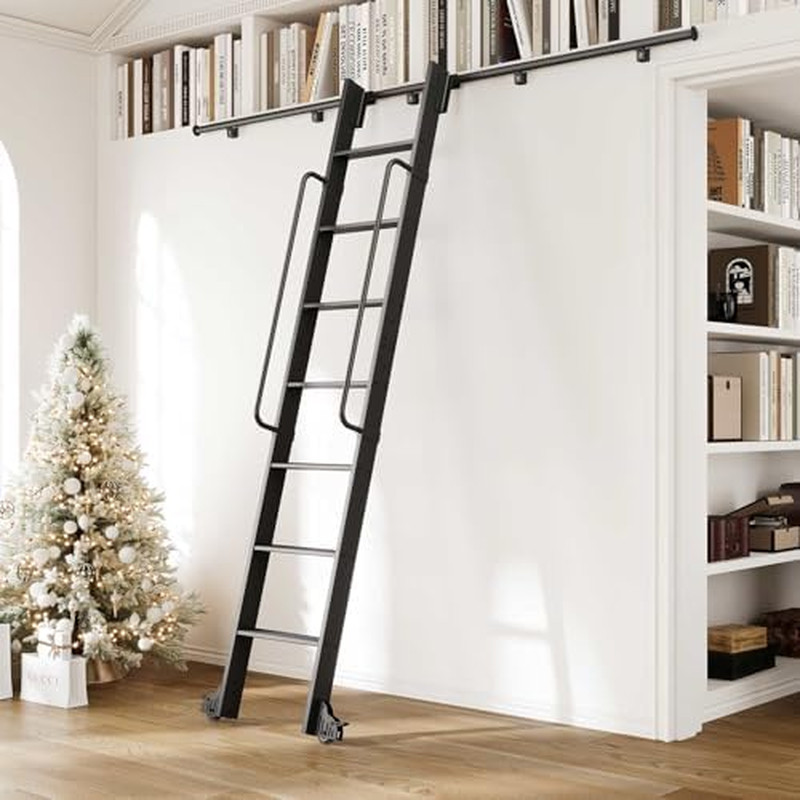 8FT Aluminum Library Ladder with Sliding Hardware Kit & Handrail, 450Lbs Capacit