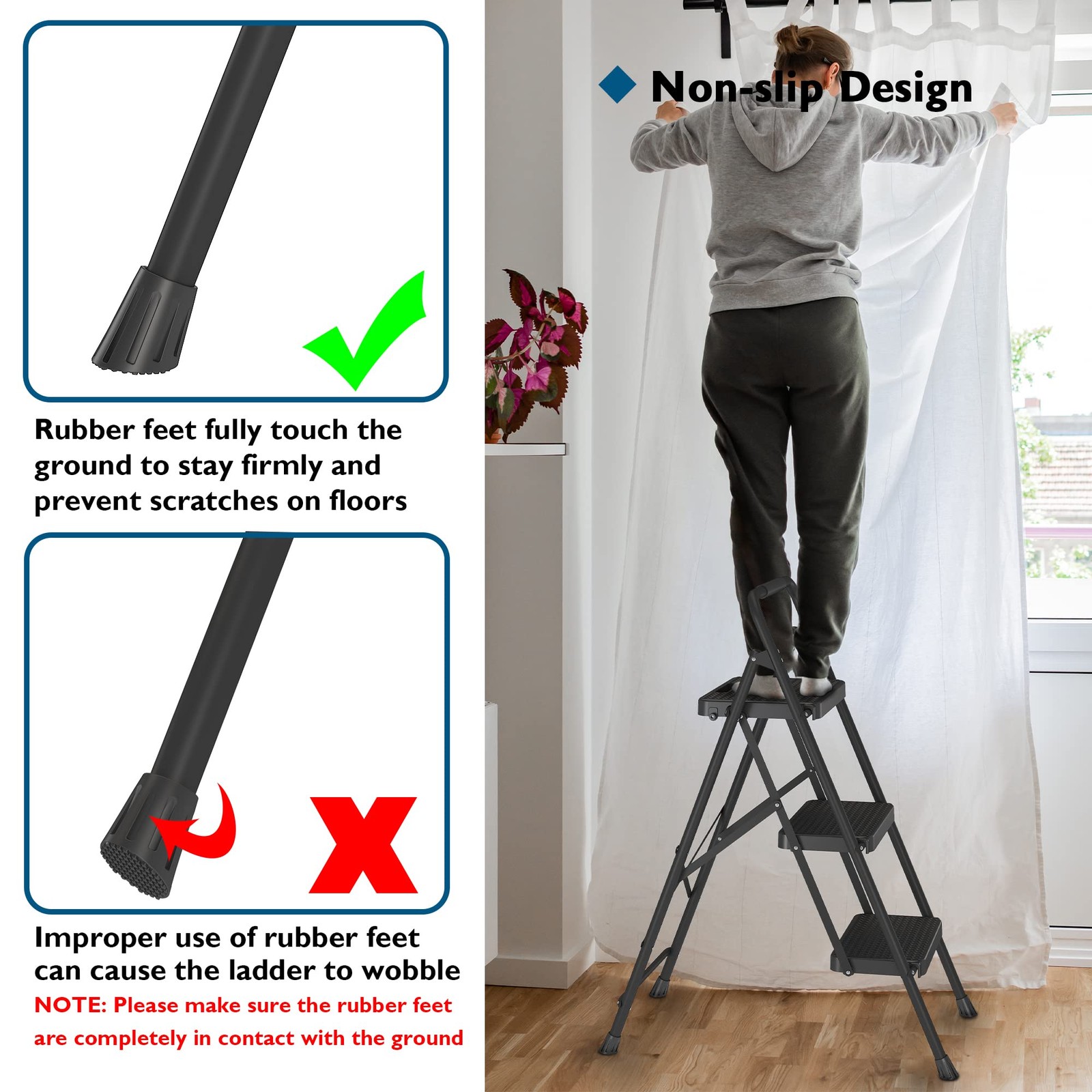 BONTEC 3-Step Ladder, Folding Step Stool, 3-Step, 600lbs Max Load, Black