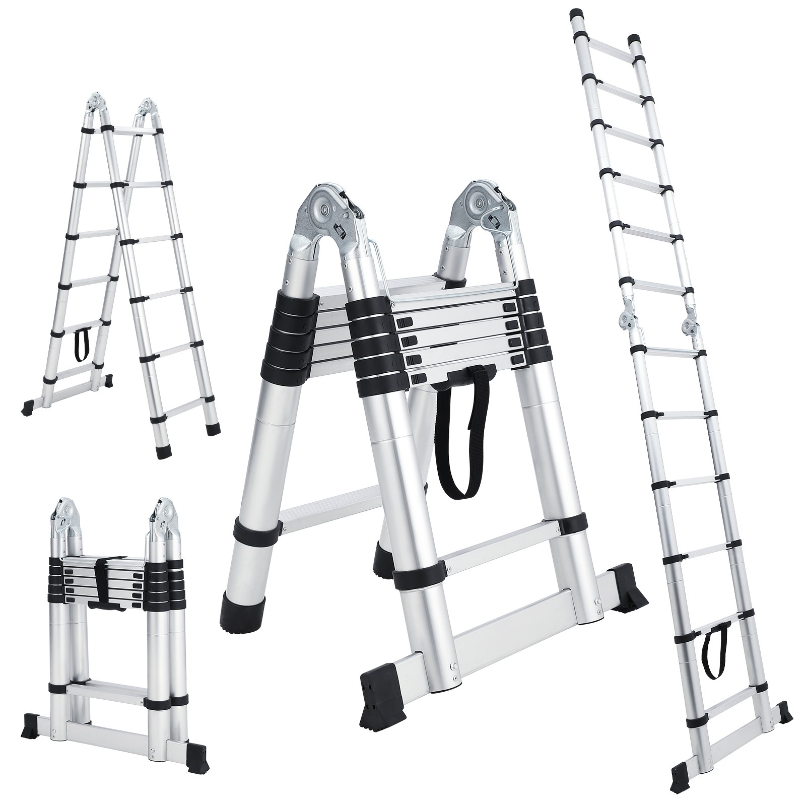 Heavy Duty Telescoping Aluminum Ladder Collapsible A-Frame 330Lbs Non-Slip 3.8m