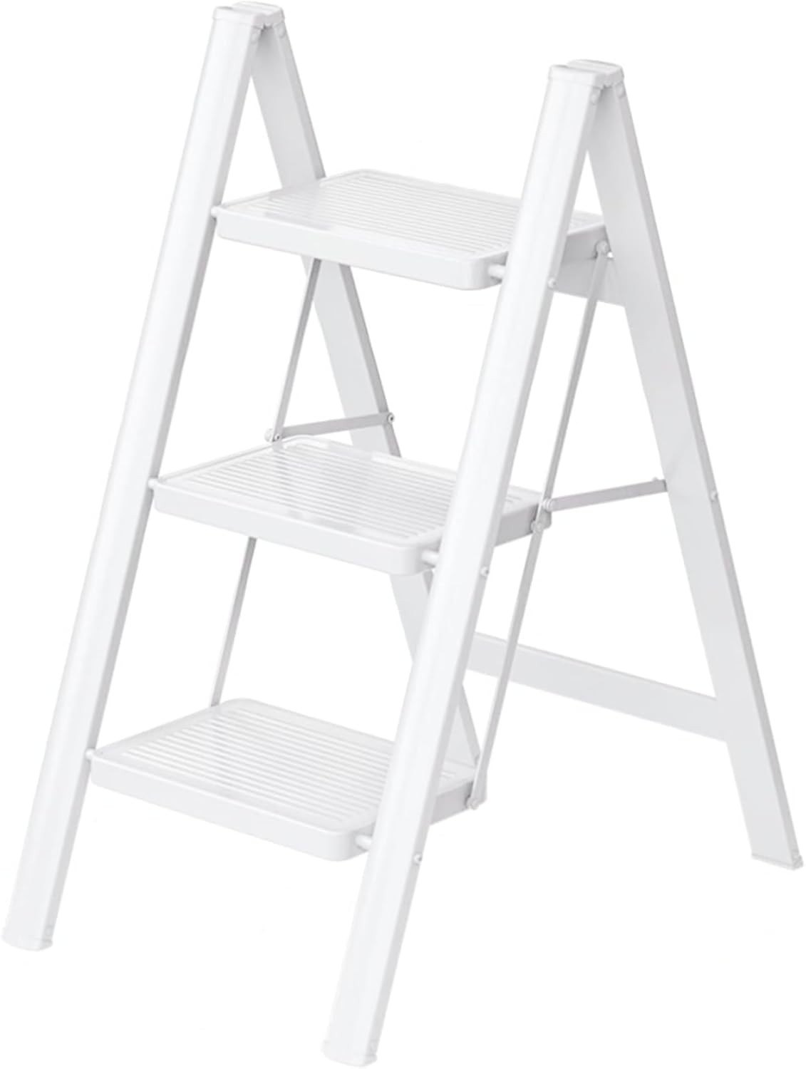 3 Step Ladder,Folding Stool with Wide Anti-Slip Pedal,330lbs Load White