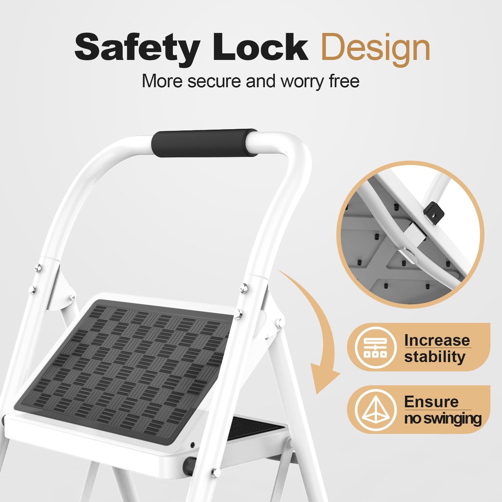 HBTower Step Ladder, Folding Stool with Wide Anti-Slip 2-Step, White