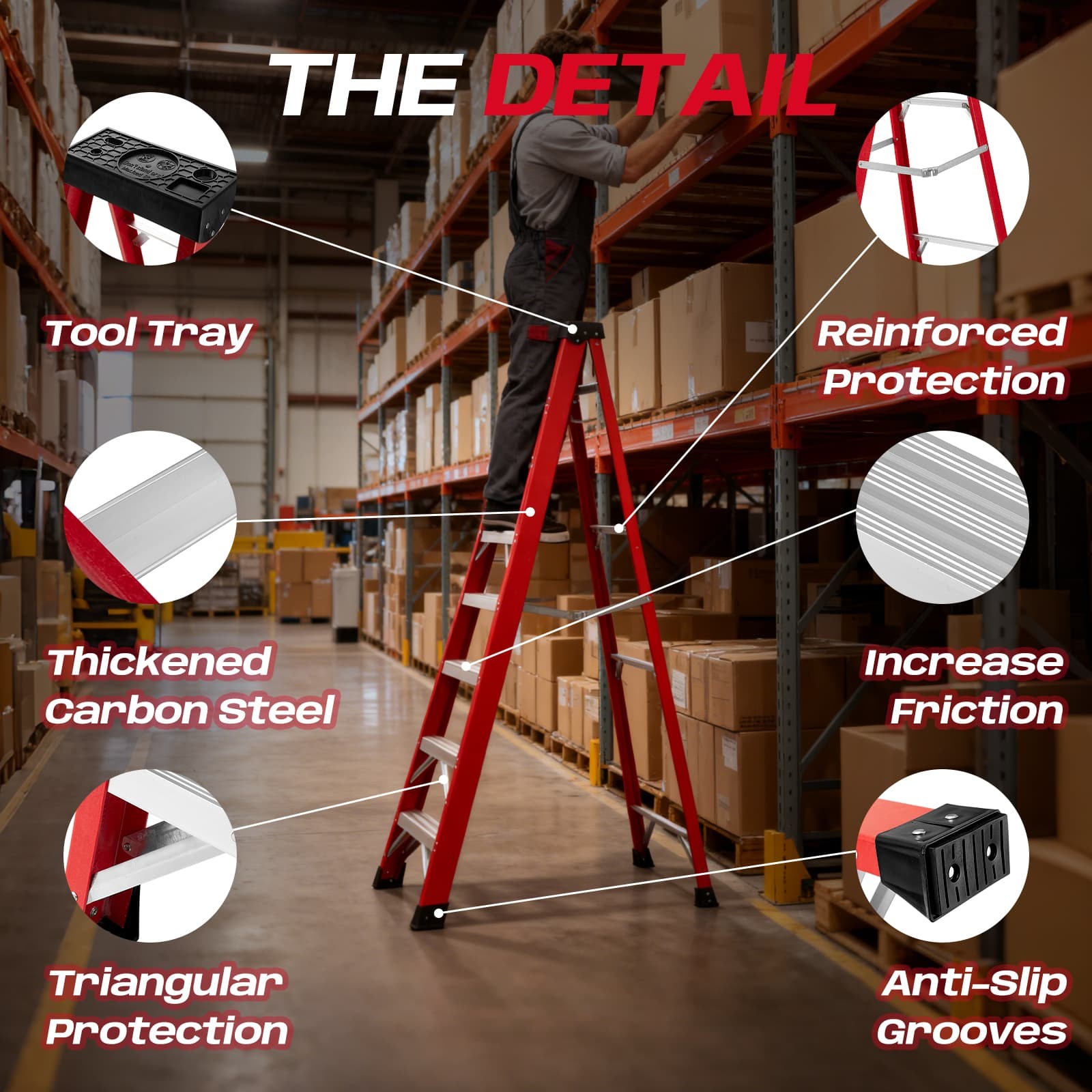 Red 7 Steps Fiberglass Ladder 330LBS Load Tool Tray for Home & Job