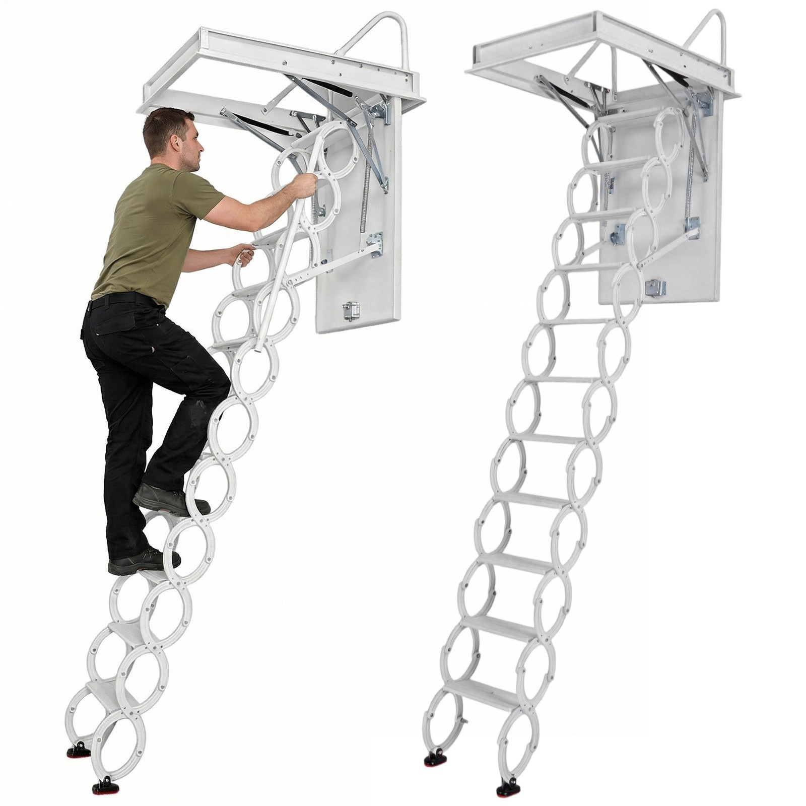 11 Steps Wall Mounted Folding Ladder Loft Stairs White Attic Steps Pull Down US